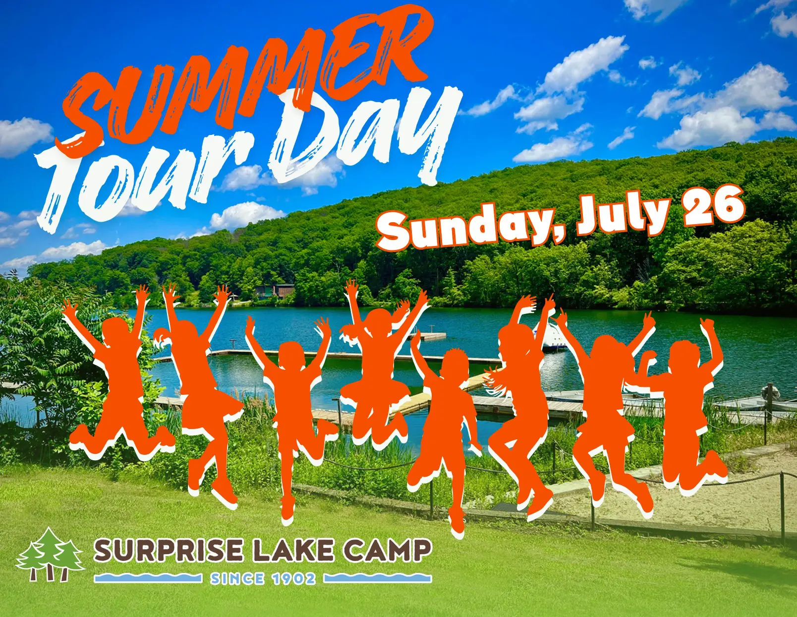 Image of kids jumping in front of lake
