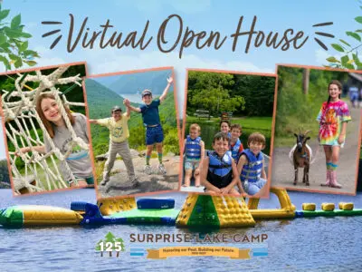 Photos of campers doing activities with lake in the background.