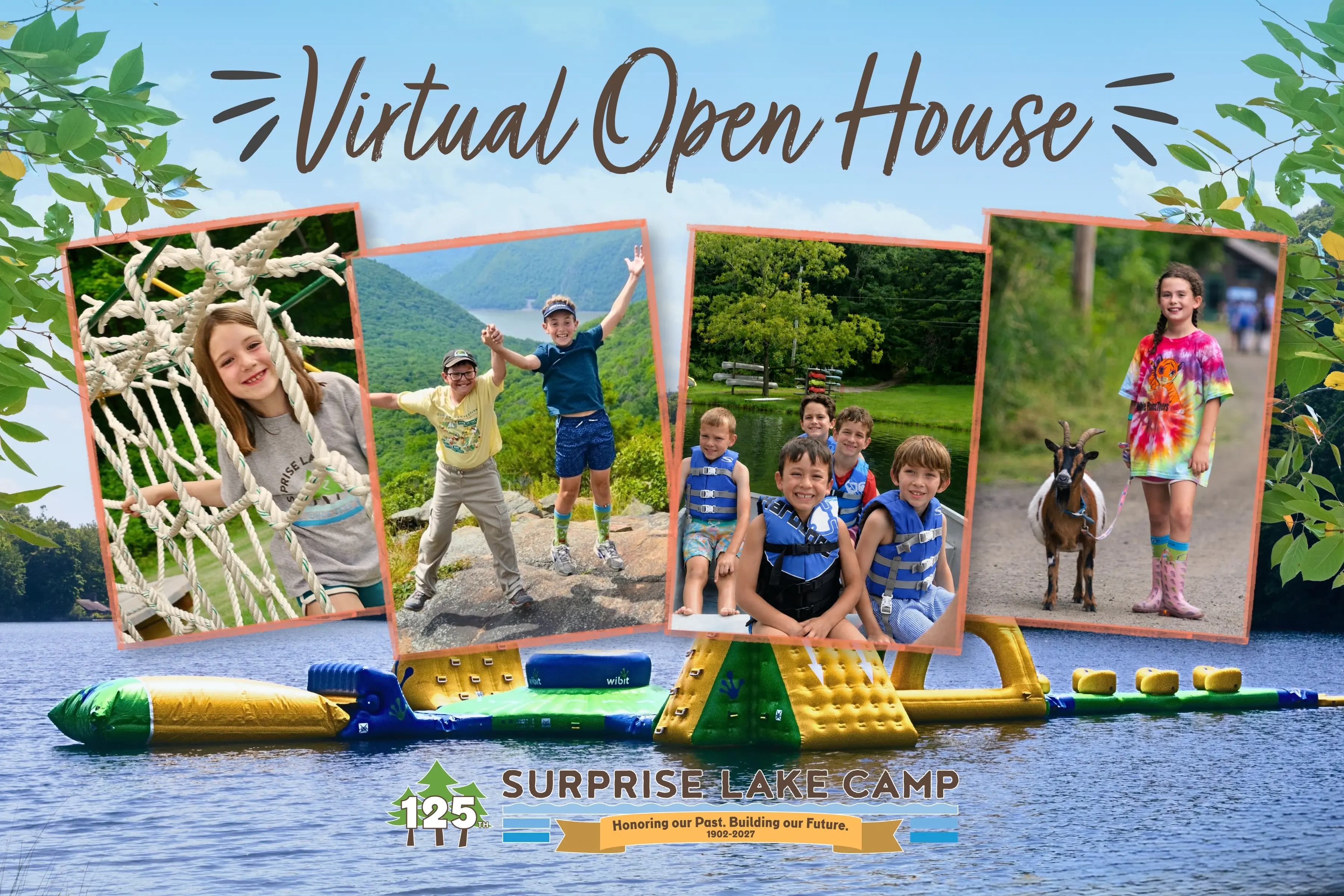 Photos of campers doing activities with lake in the background.